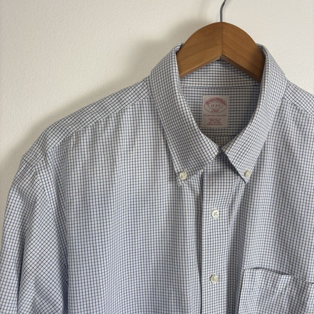Brooks Brothers Mens 17-2/3 Non-Iron Blue White Plaid Window Pane Button Down